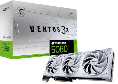 MSI Gaming RTX 5080 16G Ventus 3X OC Graphics Card White (16 GB GDDR7, 256 Bit, Extreme Clock TBD MHz, DisplayPort x 3 2.1a, HDMI 2.1b, NVIDIA Blackwell Architecture)