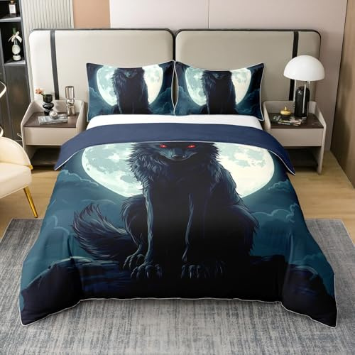 Loussiesd Wolf Baumwolle Bettwäsche Set 135x200cm Kinder Wildtiere Mond WolfBettbezug Set für Jungen Mädchen Safari Tier Betten Raumdekoration Keine Füllung