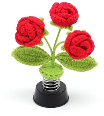 HSUYUN Wackelblume, 14,5 × 9 cm Wackelfigur Geschenk, Rote Rose Schüttelkopf Spielzeug für Auto, Handgestrickt, Geeignet als Wackelspielzeug für Auto, Büro und Zuhause