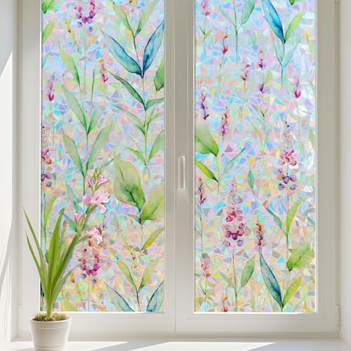 Conkov Fensterfolie Sichtschutzfolie Regenbogen Gladiolen 60 x 400 cm | Statisch haftend Anti Glare UV-Schutz Vinyl Dekorfolie für Wohnzimmer Küche Büro Transluzent Bunt Schimmernd Halbmond-Backing