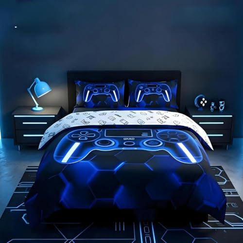 Loussiesd Gamer Parure de Lit Gaming Literie Set Enfants Garçons Filles Adolescents Chambre décor Bleu et Noir Console de Jeu Housse de Couette 140x200cm Gamepad Cellulaire géométrique décor