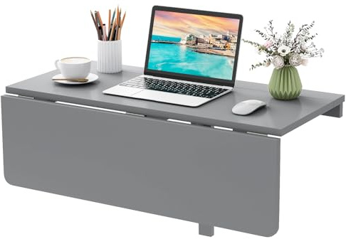 COSTWAY Tavolo Pieghevole a Muro, Tavolino Porta PC da Parete in Legno, Tavolo a Scomparsa Multifunzionale, Ideale per Soggiorno, Cucina e Studio, 80 x 60 x 45 cm (Grigio)