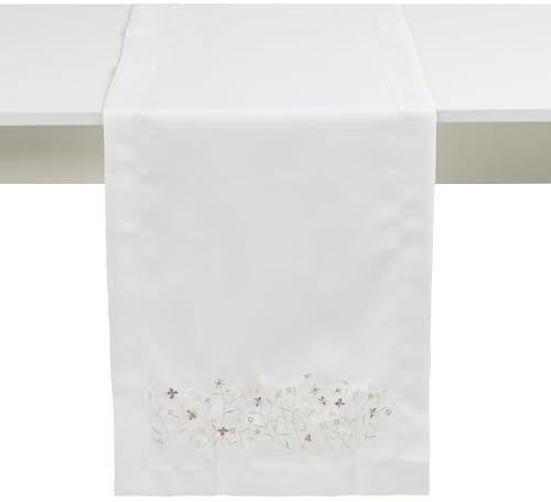 home&you - Tischläufer Pineli 40x180cm, Tischdeko, Läufer, Dekoration, Modern, Frühling, Hochzeit, Geburtstag, Esstisch, mit Blumenstickerei - Weiß