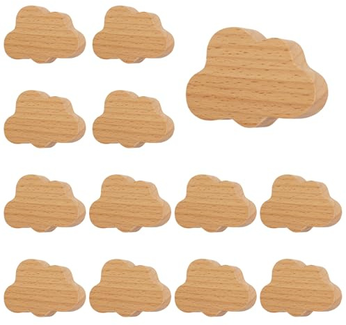 MOROBOR Lot de 12 boutons en bois en forme de nuage, poignées en bois de hêtre à trou unique en bois naturel pour armoire de commode avec vis et tube d’expansion