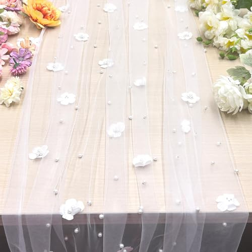ChilArt Tischläufer Tüll mit Perlen,300 x 80cm Weiß Perlenspitze Tischdecke | Läufer Tisch Spitzen Tüllstoff für Hochzeitsde korationen,Geburtstagsfeier,Tischläufer Dekoration (Perlenblume)