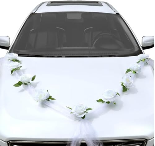 Autoschmuck Hochzeit Weiß, Auto Deko Hochzeit, Hochzeit Autoschmuck, Hochzeitsauto Deko rationsset, Car Wedding Girlande, Blumenschmuck Auto Hochzeit, DIY Weiß Gaze Rosendekoration Set