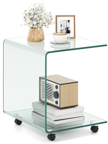 COSTWAY Beistelltisch aus gehärtetem Glas mit Rollen, Glastisch C-Form, Nachttisch, Sofatisch, Kaffeetisch für Wohnzimmer, Schlafzimmer, 45 x 40 x 48 cm (Transparent)