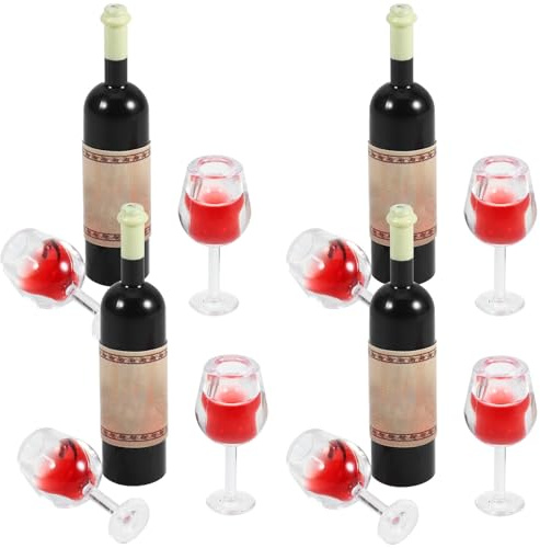 Veemoon Ensemble de 12 Pièces Miniatures pour Maison de Poupée – 4 Bouteilles de Vin en Plastique Rouge, 8 Petites Tasses Miniatures, Accessoires Décoratifs Réalistes et Compacts