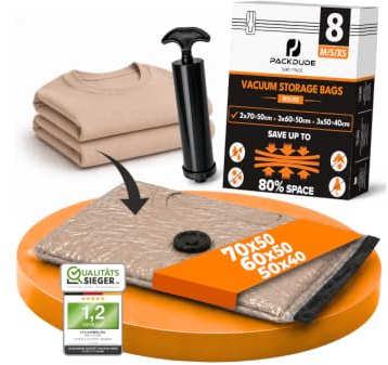 PACKDUDE Vakuumbeutel Reise I TRAVEL SET I 8 STÜCK: 2x 70x50cm/ 3x 60x50cm/ 3x 50x40cm I Vakuumbeutel für Kleidung Reise I Travel Vacuum Bags I Kompressionsbeutel für Koffer & Rucksack I inkl. Pumpe