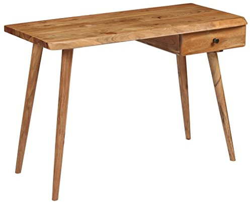 Foknhdi Escritorio de madera de acacia, 110 x 50 x 76 cm, mesa de oficina de madera maciza con cajón, mesa retro para ordenador para casa, oficina, salón o dormitorio
