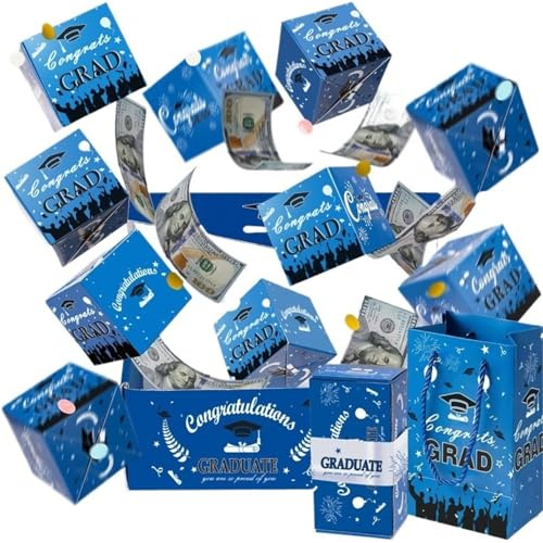 Abschluss-Explosions-Geschenkbox, Überraschungs-Pop-Up-Geschenkbox Geld Mit Konfetti, Faltbarer Hüpfender Geldhalter, for Graduierten-Highschool-College-Absolventen(Blue,10ocs)