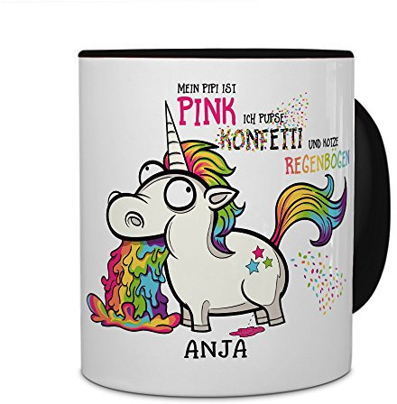 printplanet® Tasse mit Namen Anja - Motiv Einhorn - Namenstasse, Kaffeebecher, Mug, Becher, Kaffeetasse - Farbe Schwarz