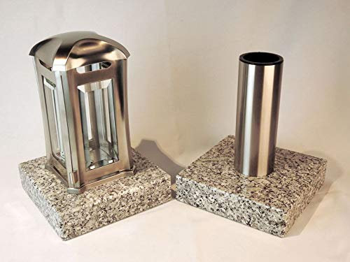 designgrab Grablampe Venezia und Grabvase Tube aus Edelstahl mit 2 Stück Granitsockel in Schlesisch, sehr ähnlich dem Clair du Tarn und Bianco Sardo