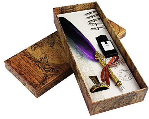 Jerbro Quill Pen, Handcrafted Quill Pen and Ink Set, Antique Dip Feather Pen Set Calligraphy Pen Set Writing Quill Ink Dip Pen with Ink Pen Holder Gift Set (Purple)