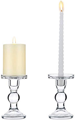 NUPTIO Set of 2 Clear Glass Pillar Candle Holders, Wedding Centerpieces Candlestick Holders for 80mm Candles & Taper Candles Ideal Decoration for Weddings Events Parties, Christmas Candle Holder