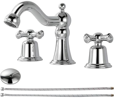 RKF CWF033-CP Badezimmer-Armaturen für Waschbecken, 3 Löcher, Chrom, 20,3 cm, weit verbreitet, mit Ablauf, 2 Griffe, Kreuzknöpfe, Wasserhahn, Badezimmer-Waschtischarmatur, Waschtischarmatur