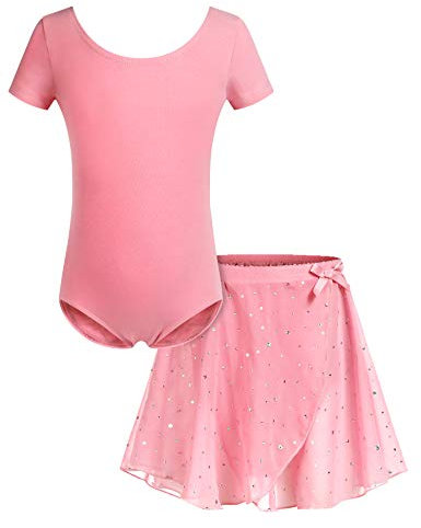 Bricnat Mädchen Ballettkleidung Ballettkleid Baumwolle Tanzbody Gymnastikanzug Balletttrikot Kurzarm Tanzkleid mit Tütü Kinder Dunkelrosa 130