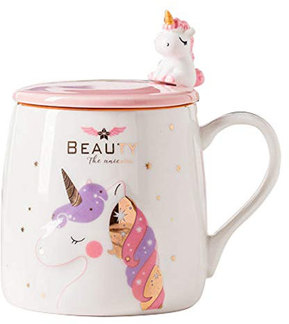 BigNoseDeer Einhorn-Becher, keramische Kaffeetasse mit lieblichem Einhornlöffel, Morgen Cup,Kaffee,Tee,Milch, Weihnachten Becher, Geschenk für Mädchen Einhorn Liebhaber 380ML