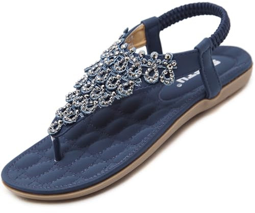 Acfoda Sandales Femme Été Chic Plates Confortable Bohême Chaussure Léger Mules Tongs Orthopédiques Sandalette Cuir nus pieds avec Strass Bleu 38