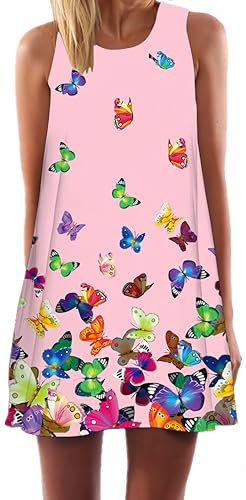 Ocean Plus Damen Ärmelloses Minikleid Digitaldruck Strandkleid Sommerkleid Tank Tops Rundhals Kurz A-Line Hemdkleid Blusekleid (M (EU 36-38), Papillon coloré sur Rose)