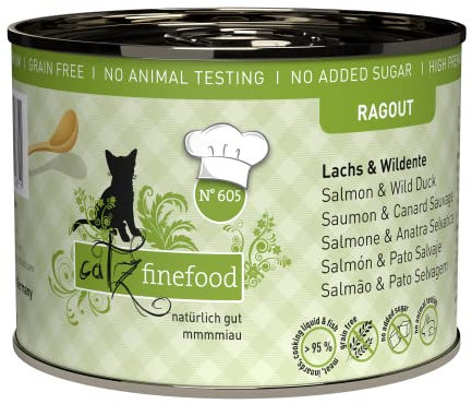 catz finefood Ragout N° 605 Lachs & Ente Katzenfutter nass - Feinkost Nassfutter für Katzen in Sauce ohne Getreide und Zucker mit hohem Fleischanteil, 6 x 190 g Dose