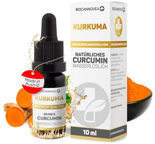 BIOCANNOVEA Kurkuma Extrakt Tropfen - Reines Curcumin 10ml, Wasserlöslich & Mizelliert, 20-Fache Wirkung, pflanzliches Nahrungsergänzungsmittel, hohe Bioverfügbarkeit, ohne Zusatz, Entzündungshemmend