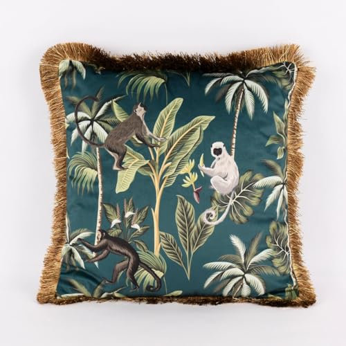 SCHÖNER LEBEN. Deko Kissen Samtoptik mit Fransenrand Affen Petrol grün beige 45x45cm
