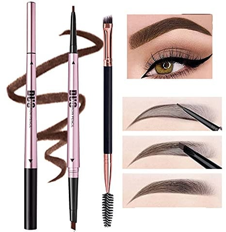 Mihqy 2 PCS Eyebrow Pencil Waterproof with Brow Brush, Dual Ended Eyebrow Pen, Automatic Makeup Cosmetic Tool(Dark Brown)