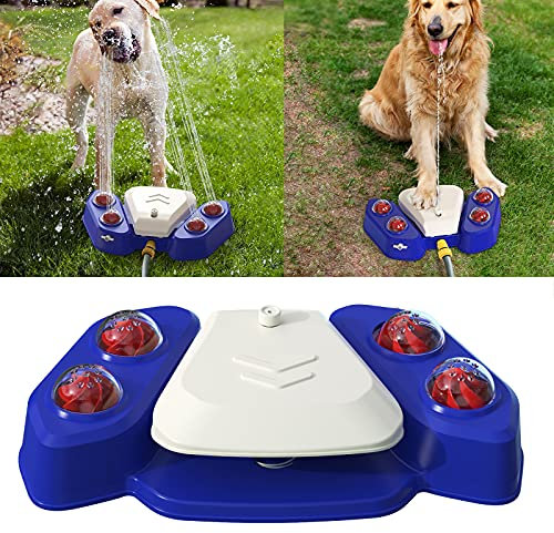 TPone Outdoor Dog Water Play Sprinkler,Step On Dog Water System,Safe Self Watering Doggie Drinking Fountains Garden Pet Bath Toy Splash Play Cooling Toy Adjustable Water Output 4 Shower Holes (Blue)