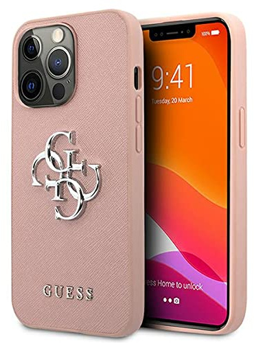 GUESS GUHCP13LSA4GSPI Case for iPhone 13 Pro / 13 6.1 Inch Pink Saffiano 4G Metal Logo