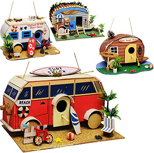 Vogelhaus - Wohnwagen - Wohnmobil - Caravan - aus Holz - 28 cm - Nistkasten Vogelhäuschen Vogelnistkasten - für Garten & Balkon - Bunte Farben/Haus - zum Au..