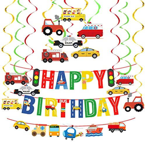 SAMHENG Transportation Birthday Party Decorations Set, Traffic Light Happy Birthday Photo Props Banner Flags with Car Bus Train Plane Ship Transport Theme Spiral Hanging Decoration Supplies