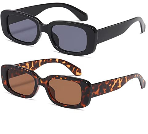 kimorn Rectangle Sunglasses for Women Men Trendy Retro Fashion Glasses 90’s Vintage UV 400 Protection Square Fram K1200 (Black Frame Grey Lens+leopard Frame Brown Lens, 65)