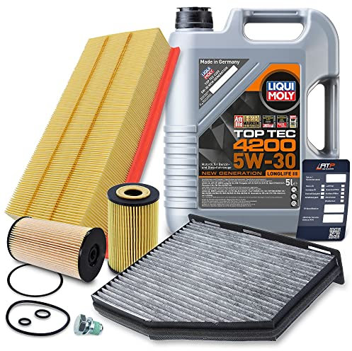 BESTPRICE Inspektionspaket Filterset mit 1x Ölfilter, 1x Kraftstofffilter, 1x Luftfilter, 1x Innenraumfilter (Aktivkohle), 1x Ölablassschraube mit Dichtung, 1x Motoröl 5W-30 Top Tec 4200 5 l,