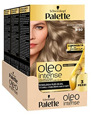 Schwarzkopf Palette Oleo, colorazione permanente copertura professionale capelli bianchi, 8-50 Biondo Cenere Naturale, confezione da 3
