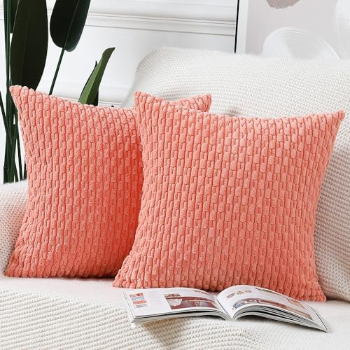 Madizz 2er Set Boho Gestreifte Kissenbezüge Weicher Kord Dekorativer Kissenbezug für Schlafzimmer Sofa Kissenhülle Koralle 50 x 50 cm