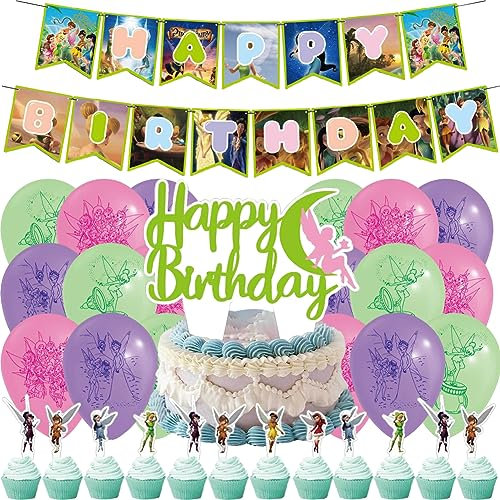 OCDSLYGB 32PCS Fairy Snidget Birthday Party Decorations, Kids Fairy Snidget Party Tableware Set Balloon Banner Cake Topper Decoration For Tinkerbell Fairy Party Children Girls Birthday Decoratio
