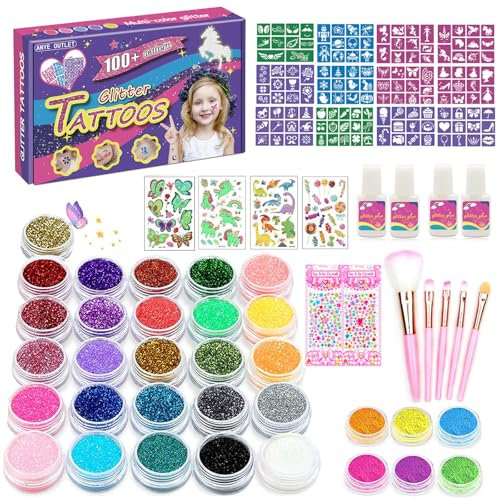 Glitzer Tattoo Set Kinder, Glitzertattoos Kinder Set, 32 Farben | 139 Glitzer Tattoo Schablonen | 40+Temporäre Tattoo Kinder 238 Glitzer Gesicht und 4 Kleber,Geschenke für Mädchen Party Geburtstag