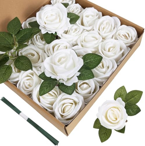 ICBOX Weiße künstliche Rosen, Samt-Rosen, Kunstblumen, Seidenblumen, Samt-Rosen, Blumen mit Stielen für Heimwerker, Hochzeit, Party, Babyparty, Heimdekoration (weiß), 25 Stück