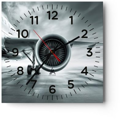 ARTTOR Moderne Glasuhr 30x30cm Quadrat Wanduhr Flugzeuge - 5248 | Flugzeug Reise Geschäft Glas Analog Wanduhr Lautlos Wanddekoration Wohnzimmer Küche Wanddeko Küchenuhr Geräuschlos ARTTOR
