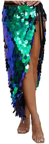 Jugaoge Damen Pailletten Rock Unregelmäßiger Wickelrock mit Schlitz Glitzer Tanzrock Slim Fit Bodycon Hüftrock Festlich Wettbewerb Show Outfits Grün lang L
