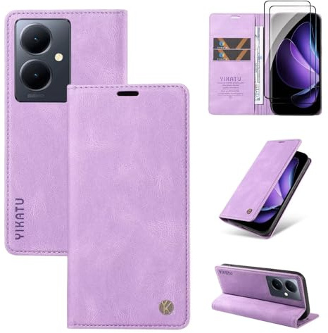 Beajew kompatibel mit vivo V29 5G Hülle [Mit 2 Stück Panzer Schutz Glas] Premium Leder Stoßfest Schutzhülle Kartenfach Klapphülle Handyhülle für vivo V29 5G, Lila