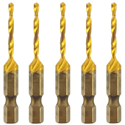 Rennie Tools - Pack Of 5 - M3.5 x 0.6 Combination Drill and Tap Bit, 1/4 Hex Shank. Metric Coarse Titanium Coated HSS Spiral Flute Drilling Tapping Tool. 3.5mm x 0.6mm Pitch Drill Bit.