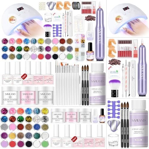 SAVILAND Complete Acrylic Nail Kit with Drill: Acrylic Nails Kit for Beginners with Everything 3pcs AcrylicPowder EMA Monomer Nails Drill Gel Polish U V Lamp NailArt Home DIY Skill Training