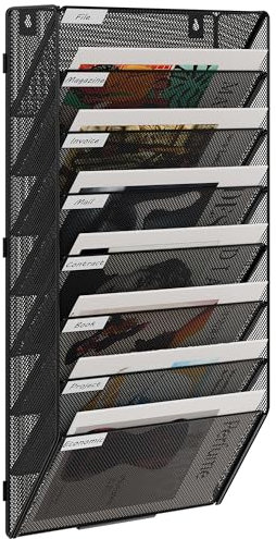 EasyPAG 8 Tier A4 Mesh in Tray Assemble Wall Pocket File Holder Hanging Mail Organiser Magazine Storage Rack,Black