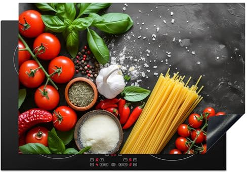 KitchenYeah© Protection Plaque Cuisson Deco Cuisine Cache Induction 76x51 cm Protege Pour Cuisiniere Protection Ustensiles Légumes - Tomates - Spaghetti - Béton - Herbes