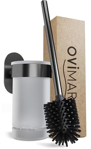 ovimar Glittertind - Escobilla para inodoro (metal, soporte de pared sin taladrar, escobilla de silicona con función de ventilación, para pegar, de acero inoxidable, cabezal intercambiable
