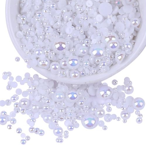 JIHUOO 1440 Pcs Flatback Imitation Pearls AB Color Half Round Pearls Mixed Size Flat Back Pearls Beads Nail Art Gems Small Cabochons for Scrapbook Craft White