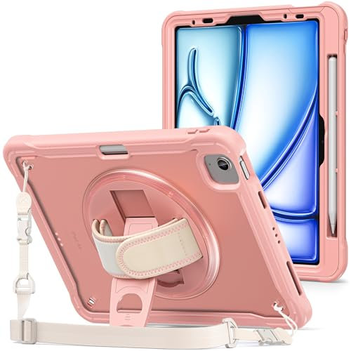 ProCase Funda Infantil para iPad Air 11 (M3) 2025/11 (M2) 2024 / 5ª 2022 / 4ª 2020, Carcasa Rugosa con Soporte Giratorio 360°, Asa de Mano y Correa para Hombro, Cubierta Antichoque - Rosa