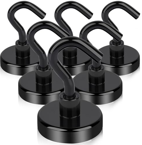 OCEUMAOA Ganci magnetici extra forti, 32 mm, al neodimio, con gancio, senza punzonatura, per porte in ferro, frigoriferi, cucina, appendiabiti da ufficio, magneti, colore nero, 6 pezzi